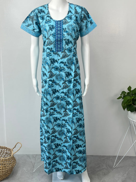 Sky Blue 100% Pure Cotton Nighty For Women