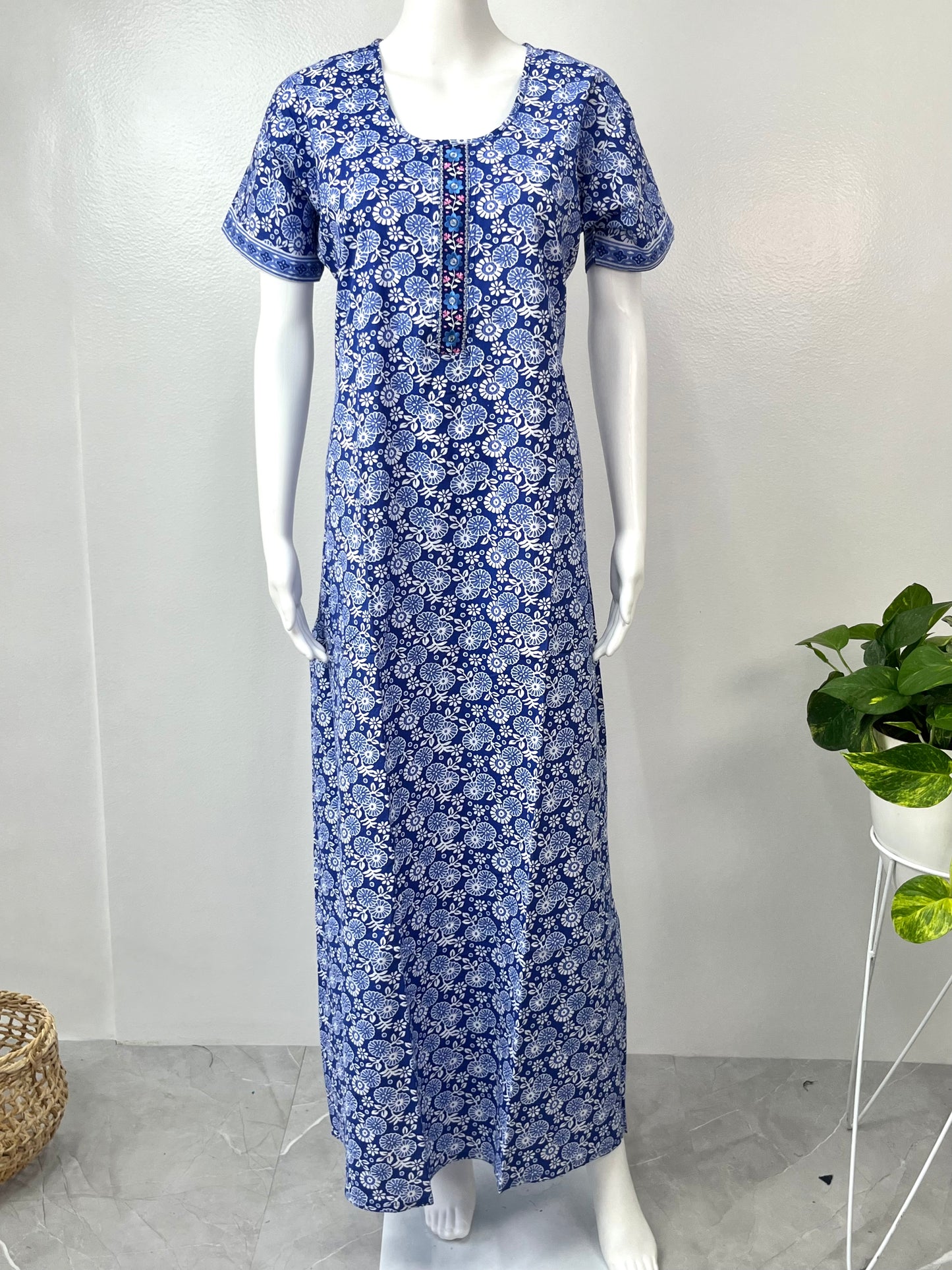Blue Printed A-Line Cotton Nighty Soft & Comfortable