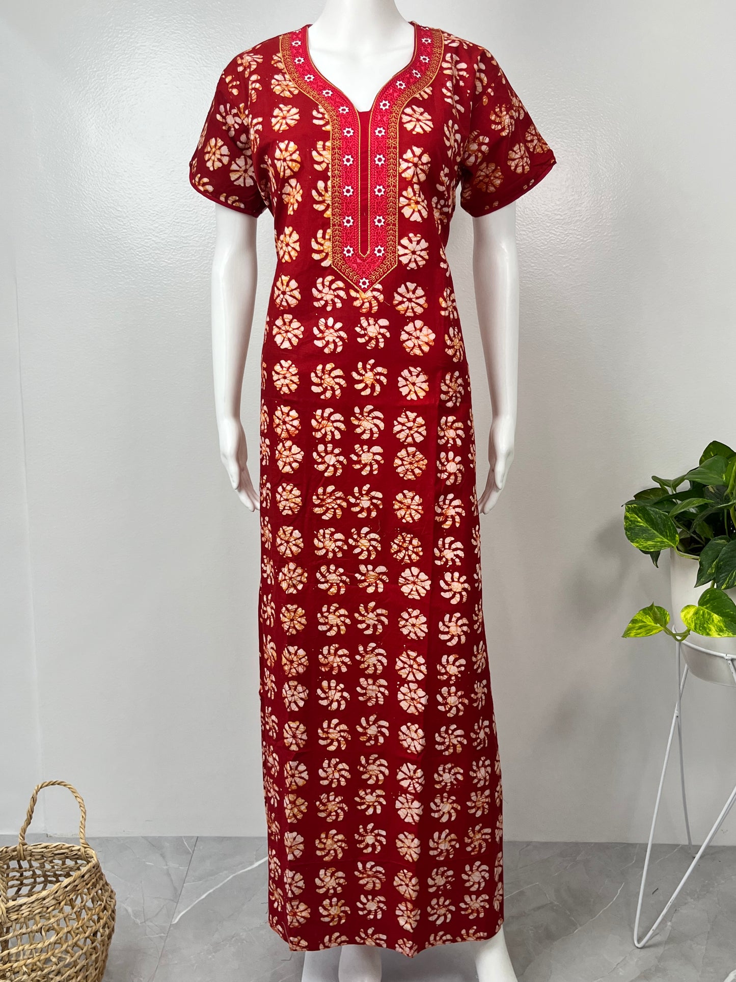 Red Batik Printed Pure Cotton Nighty