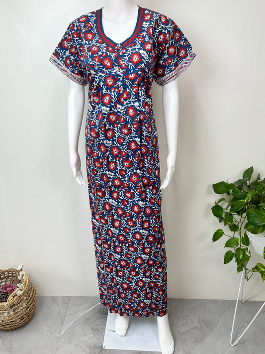 Navy Blue Pleated 100% Cotton Nighty for Women