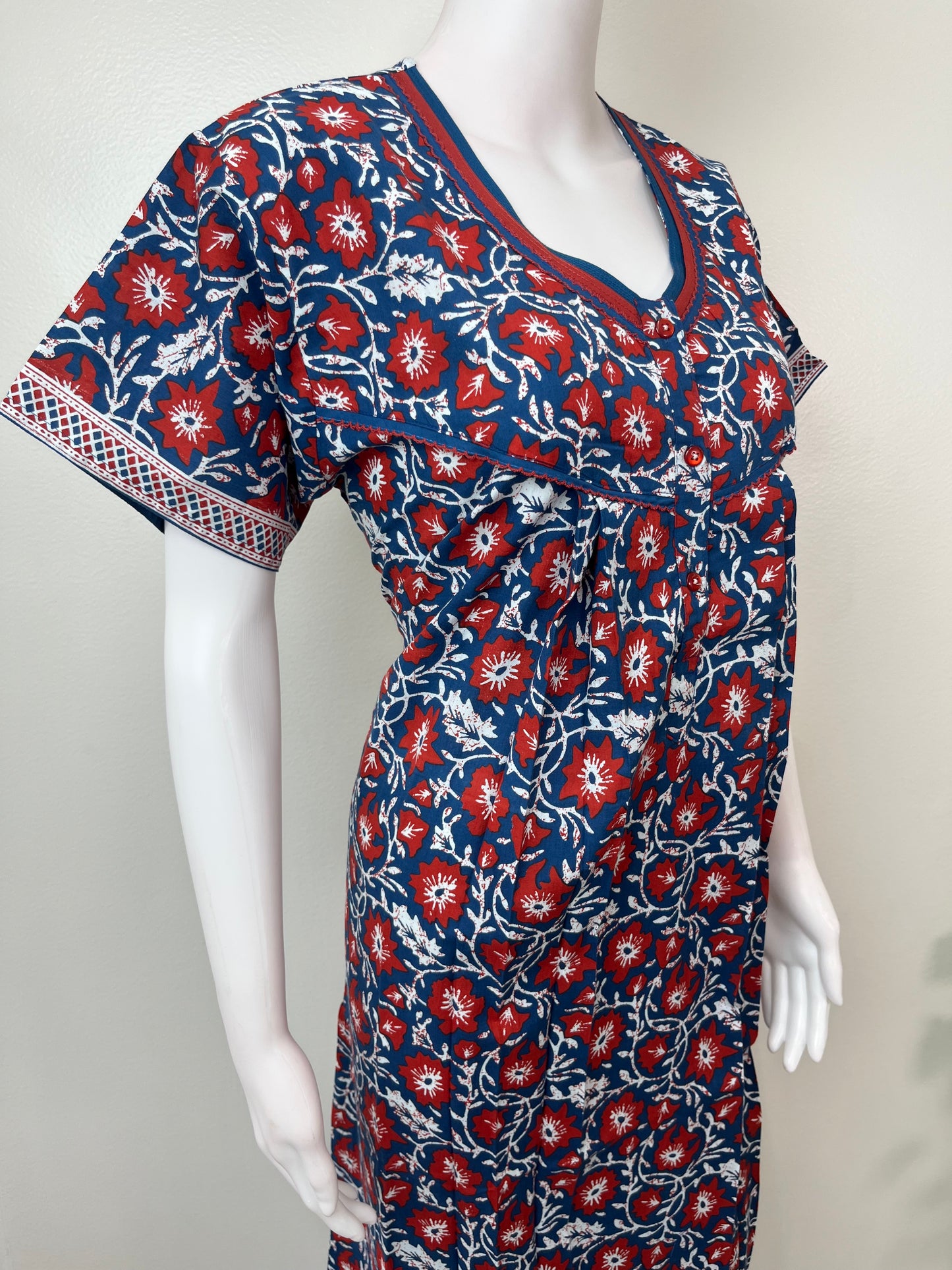 Navy Blue Pleated 100% Cotton Nighty for Women