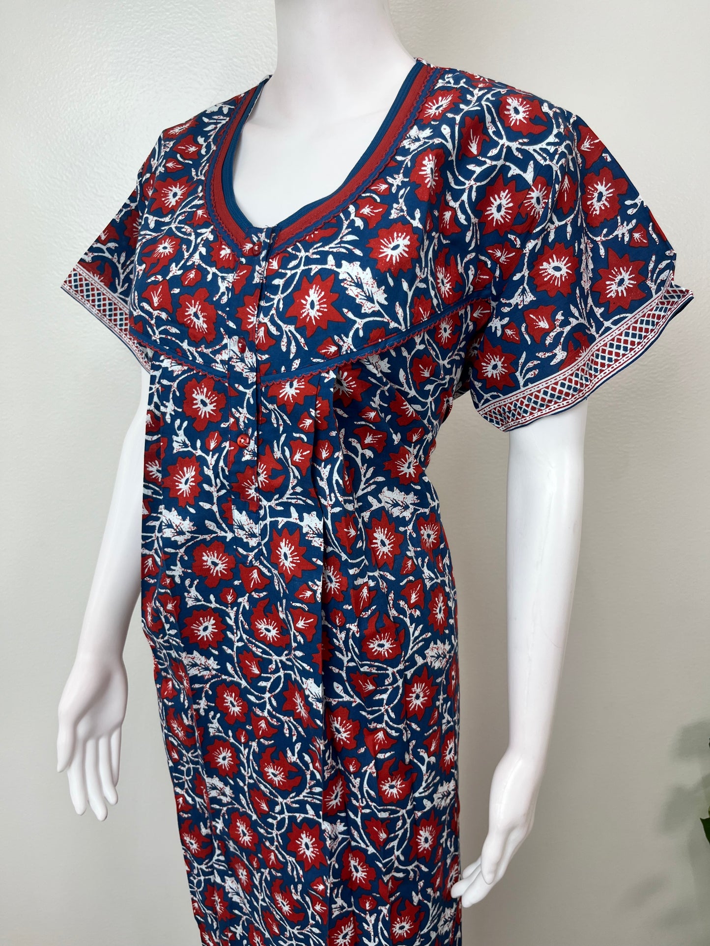Navy Blue Pleated 100% Cotton Nighty for Women