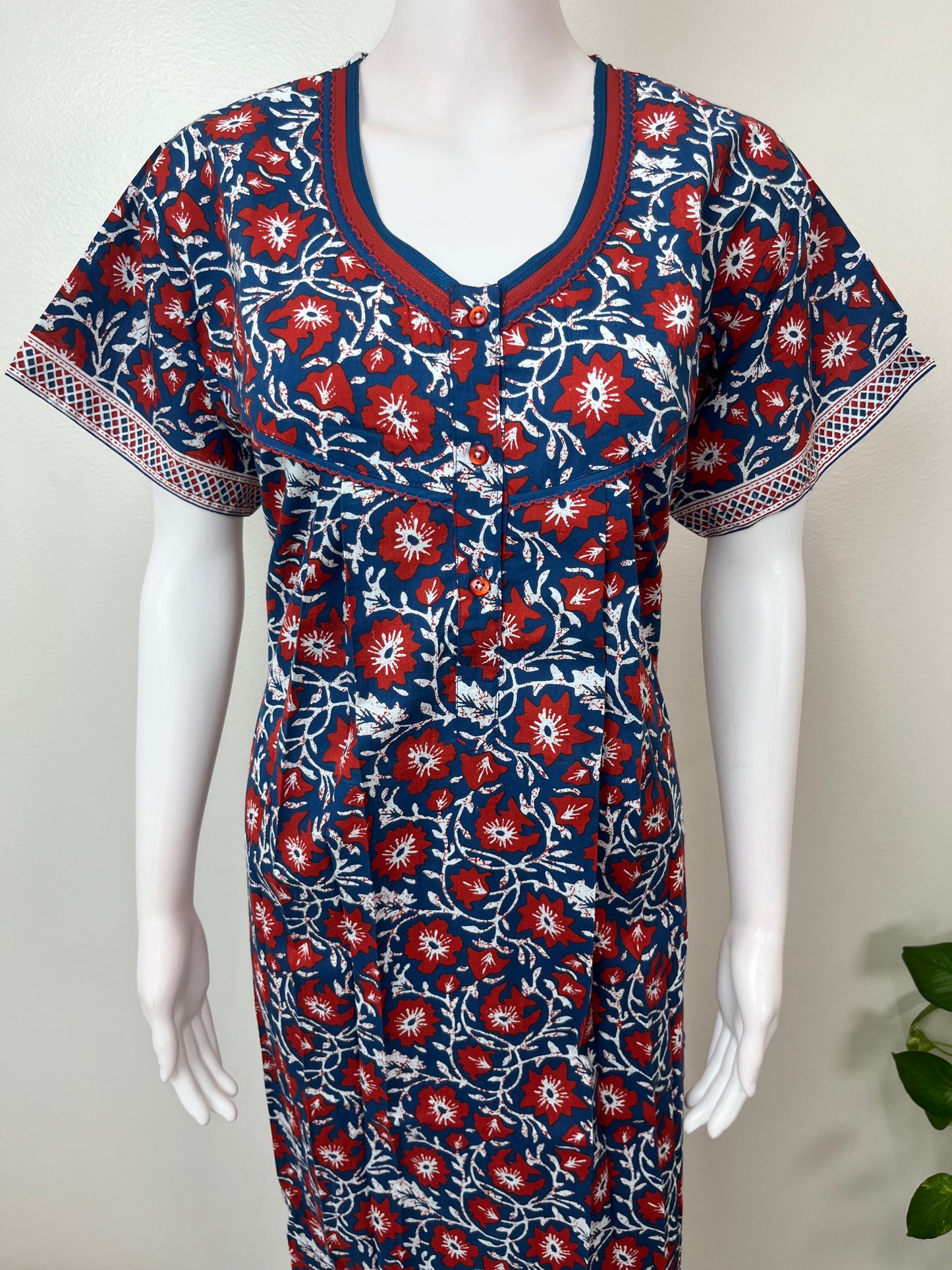 Navy Blue Pleated 100% Cotton Nighty for Women