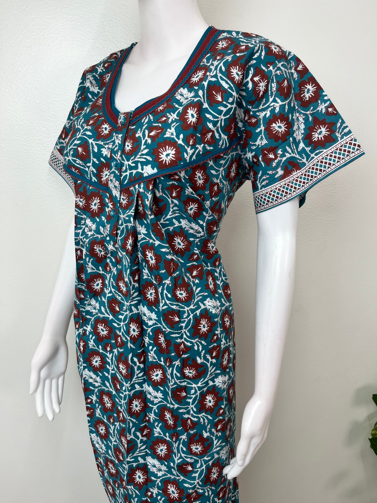 Blue Pure Cotton Nighty with Contrast Print