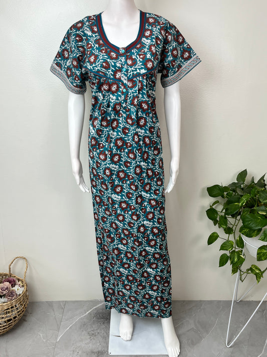 Blue Pure Cotton Nighty with Contrast Print
