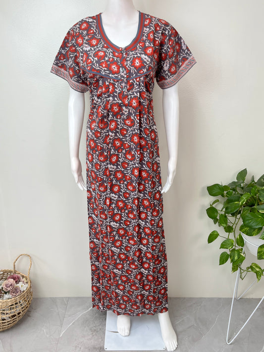 Gray & Red 100% Pure Cotton Nighty