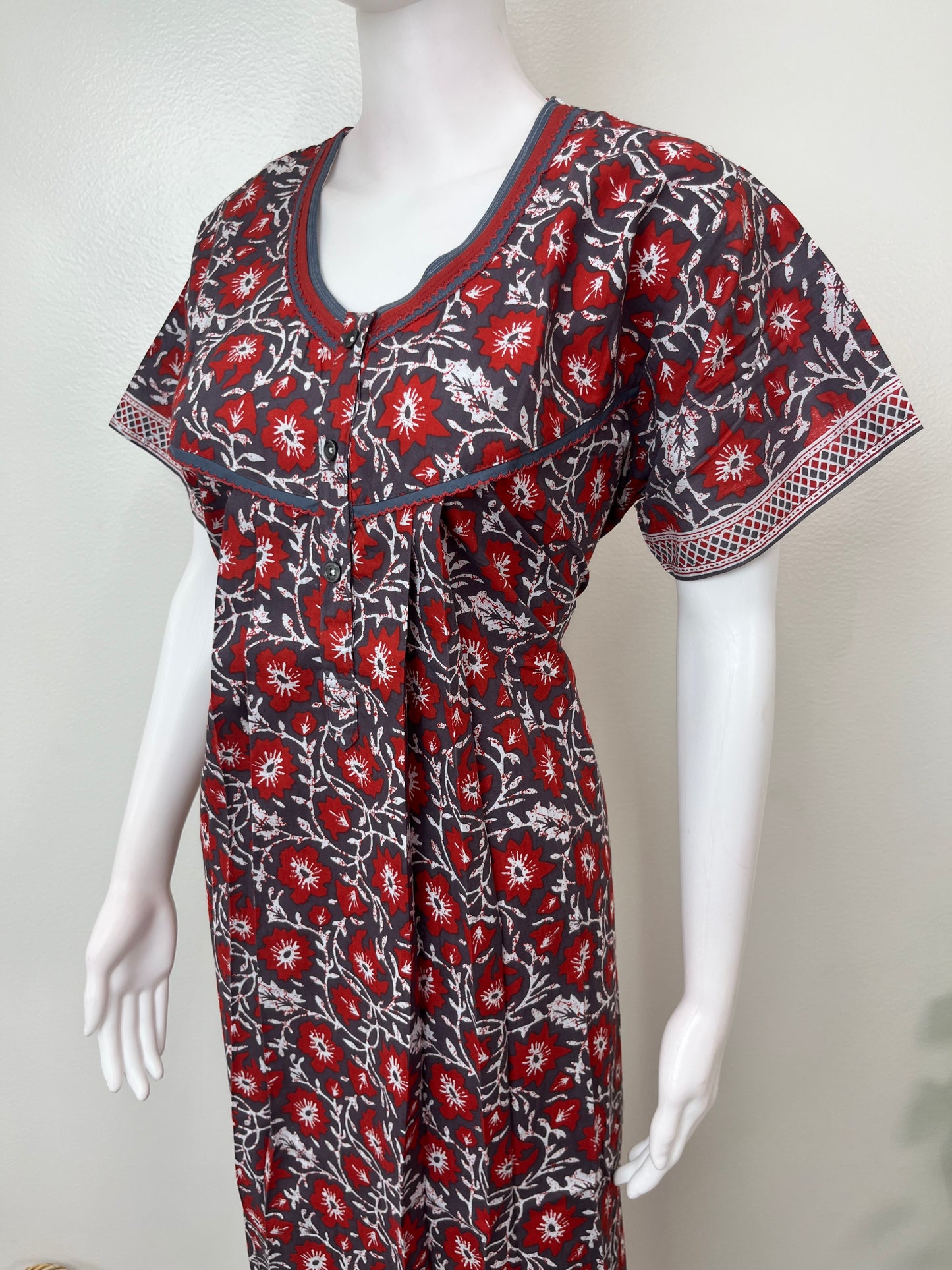 Gray & Red 100% Pure Cotton Nighty