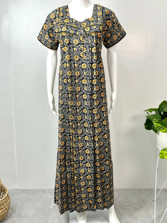 Navy Blue Pure Cotton Nighty with Contrast Print