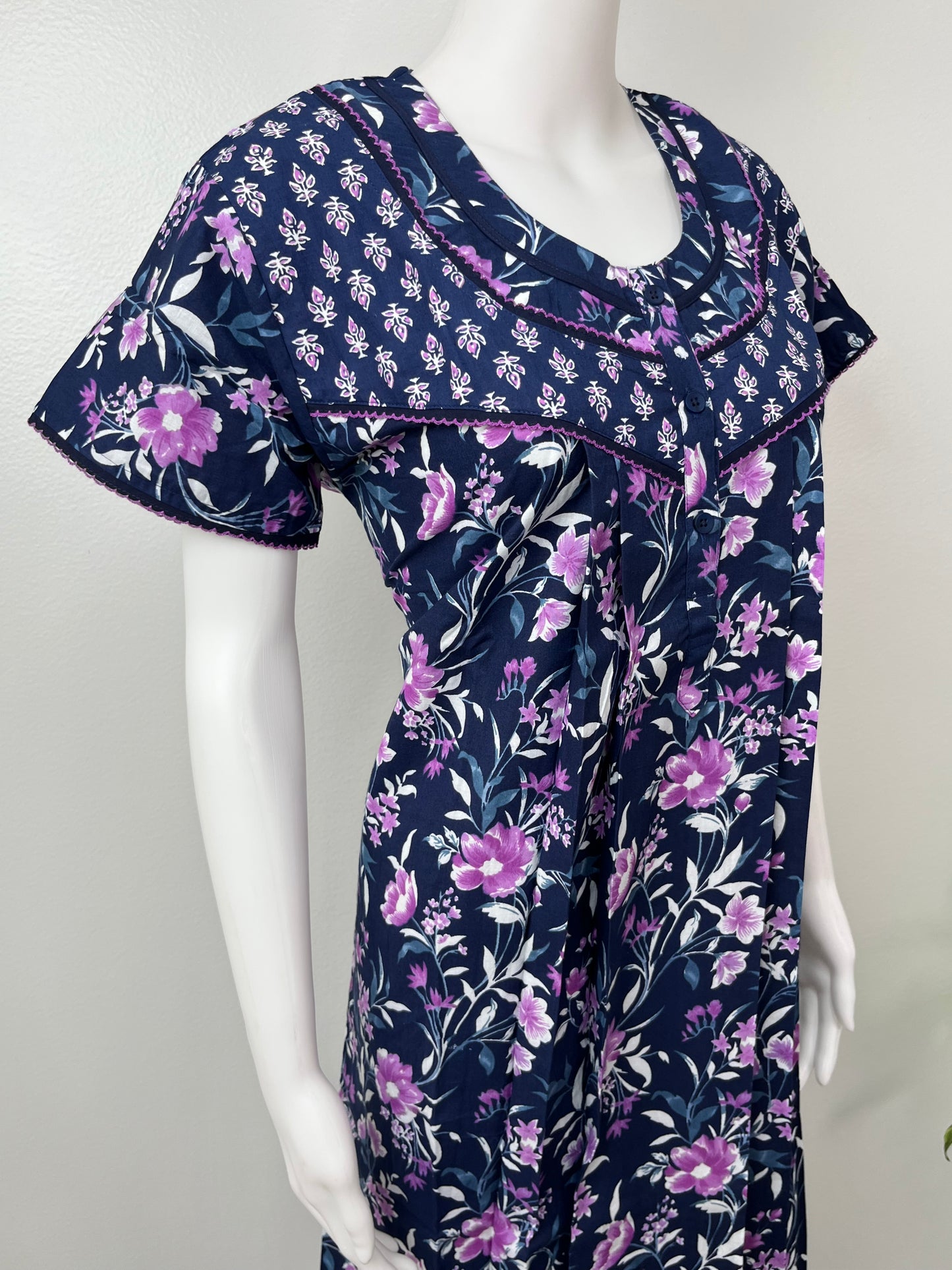 Navy Blue Pure Cotton Nightgown Comfortable & Elegant