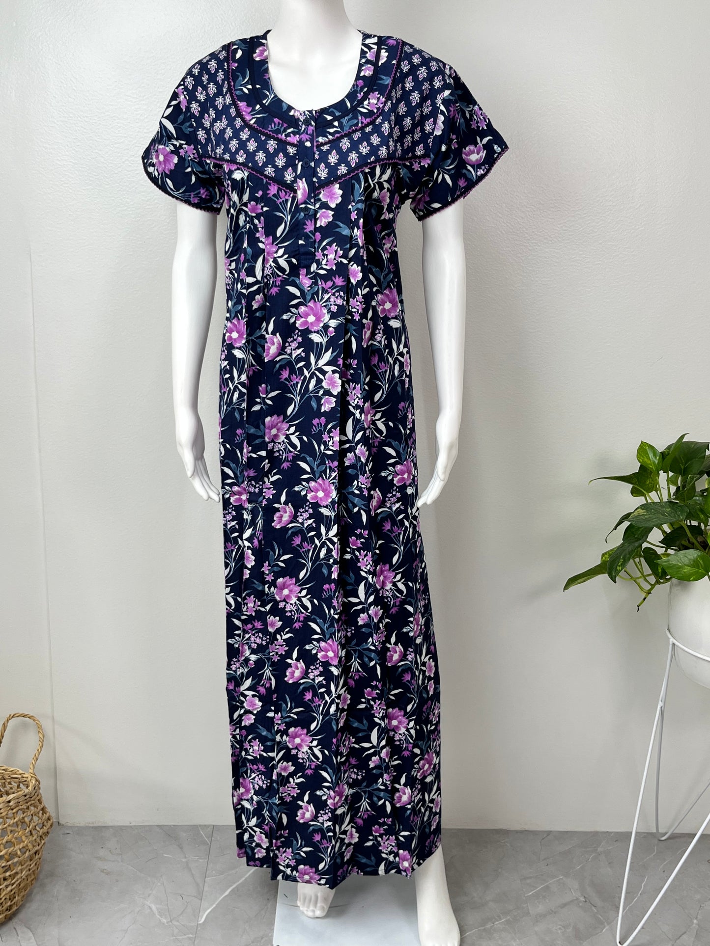 Navy Blue Pure Cotton Nightgown Comfortable & Elegant