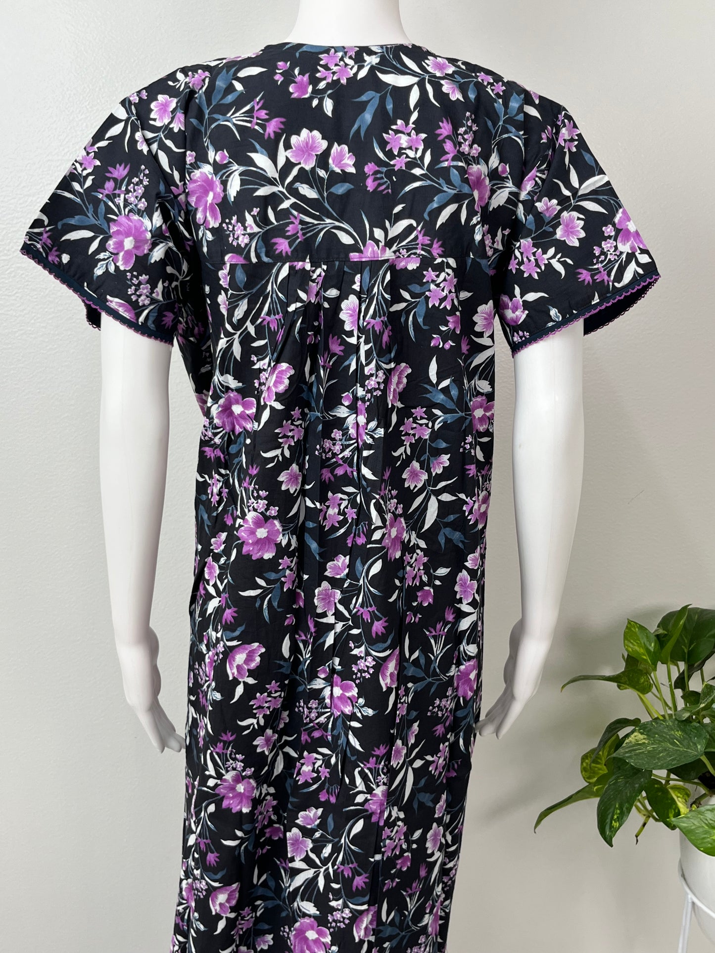 Black Pure Cotton Nighty With Contrast Print