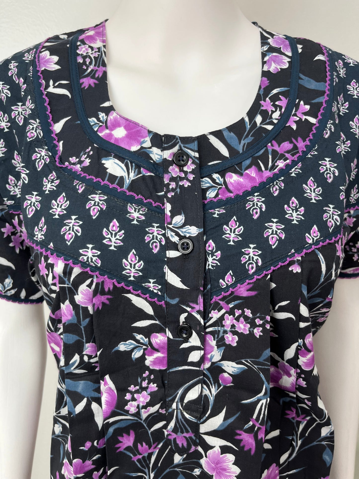 Black Pure Cotton Nighty With Contrast Print