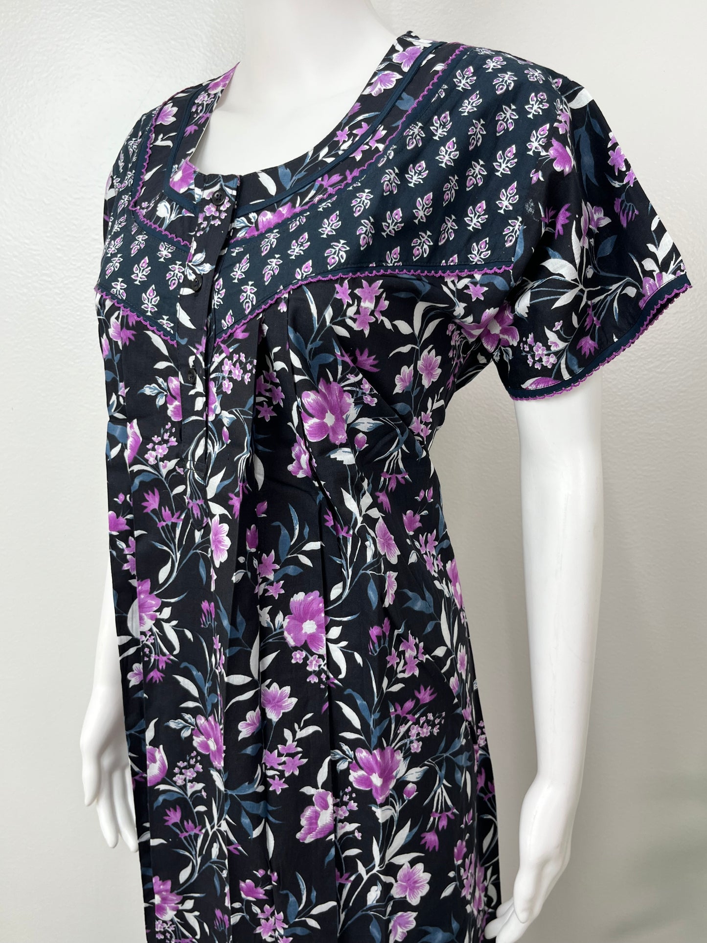 Black Pure Cotton Nighty With Contrast Print