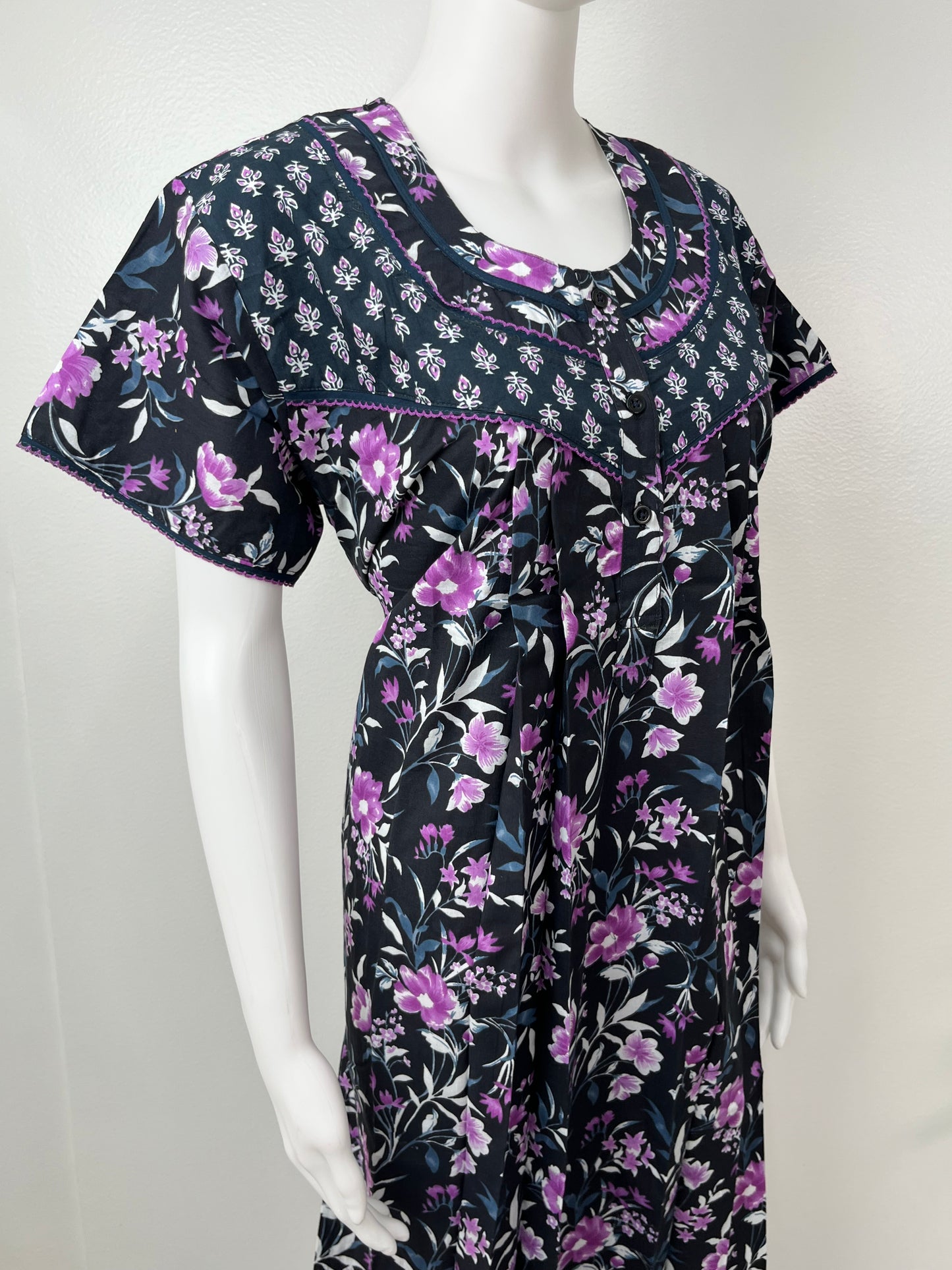 Black Pure Cotton Nighty With Contrast Print