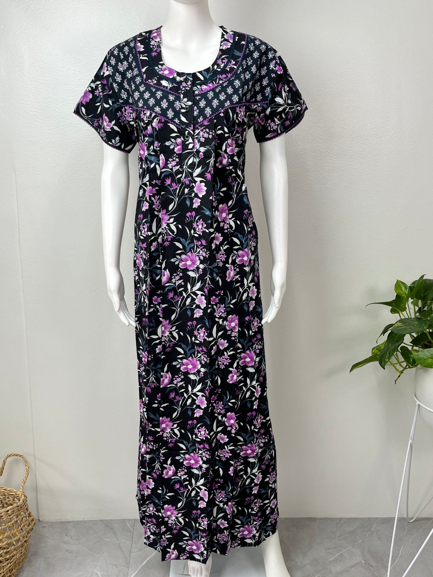 Black Pure Cotton Nighty With Contrast Print