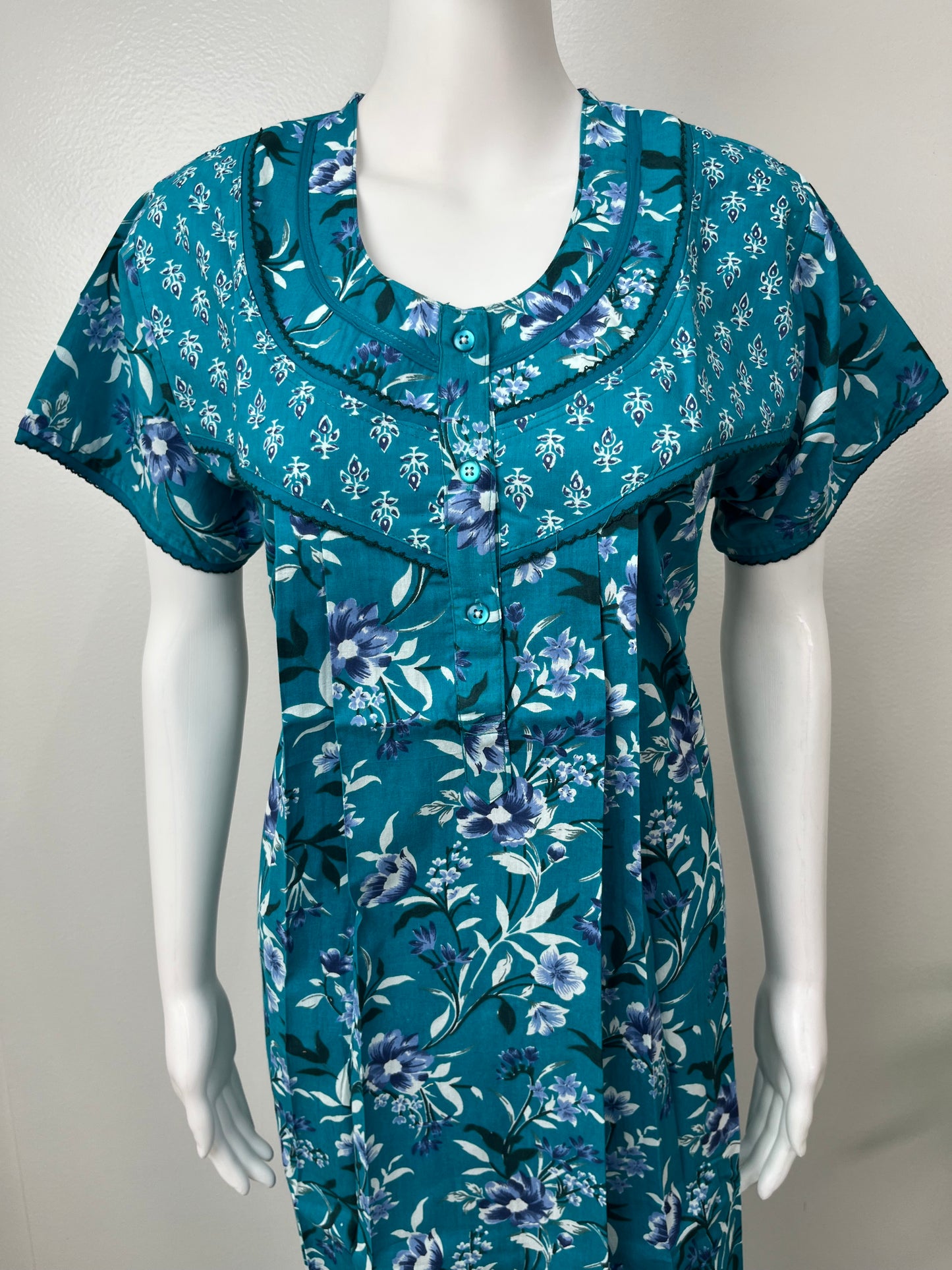 Teal Blue Pure Cotton Nightgown for Women