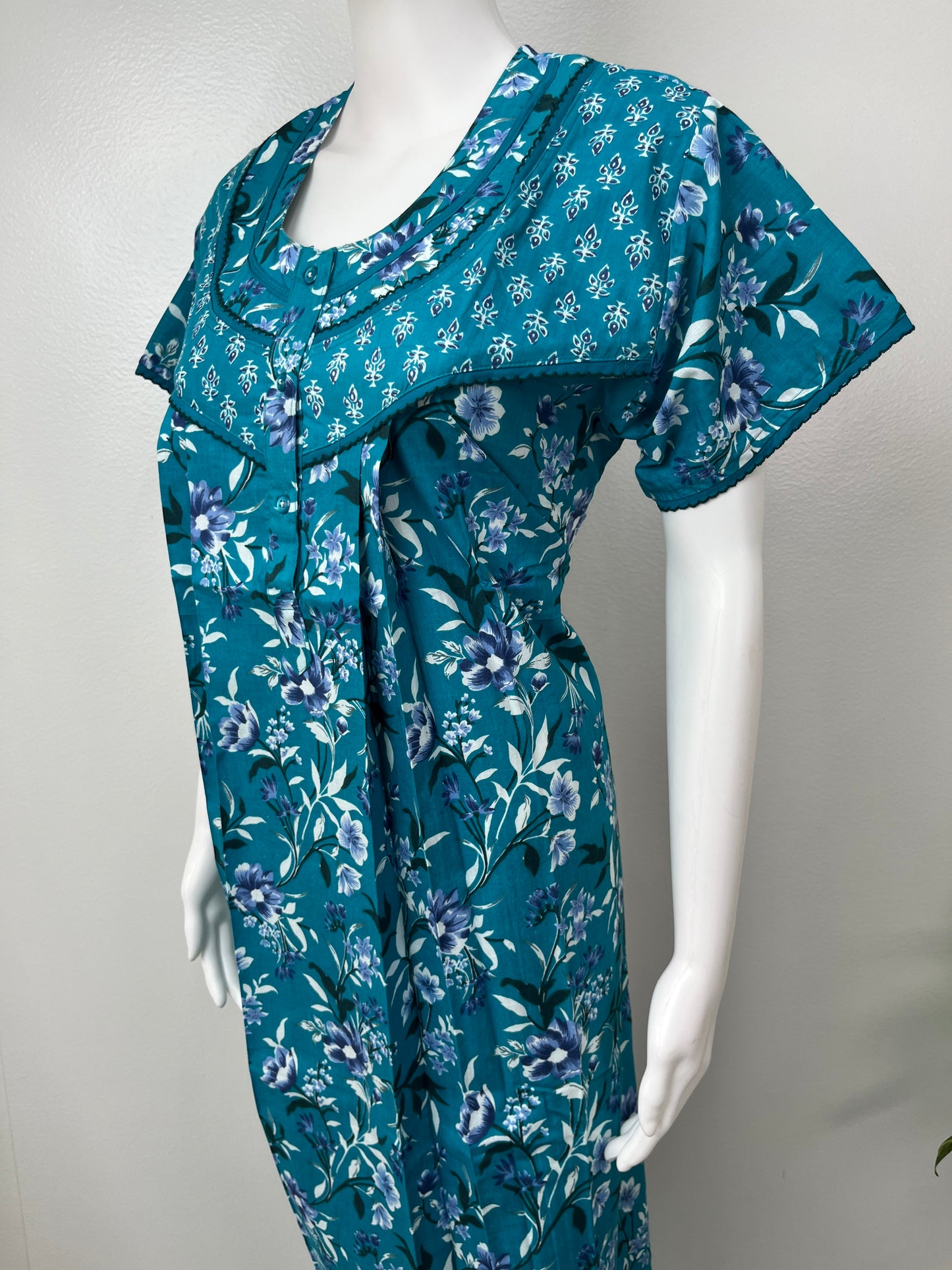 Teal Blue Pure Cotton Nightgown for Women