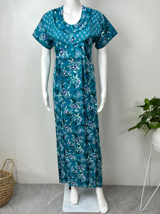 Teal Blue Pure Cotton Nightgown for Women