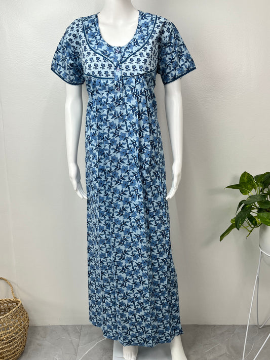 Indigo Pure Cotton Pleated Nightgown for Women