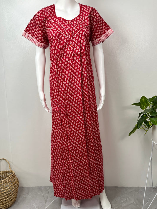Red Pleated Pure Cotton Nightgown for Women