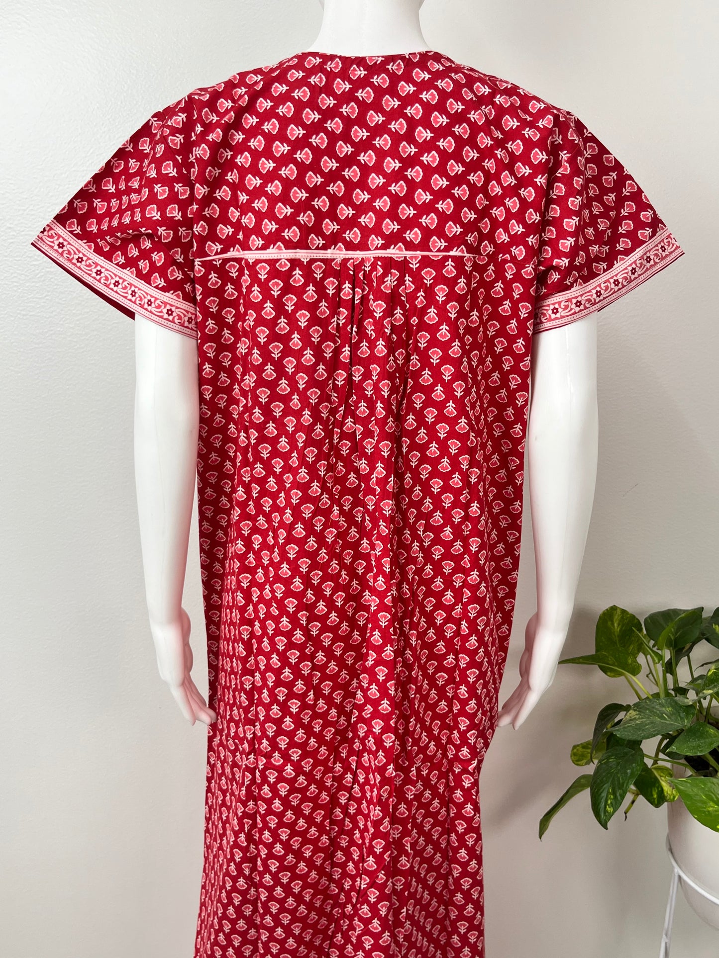 Red Pleated Pure Cotton Nightgown for Women
