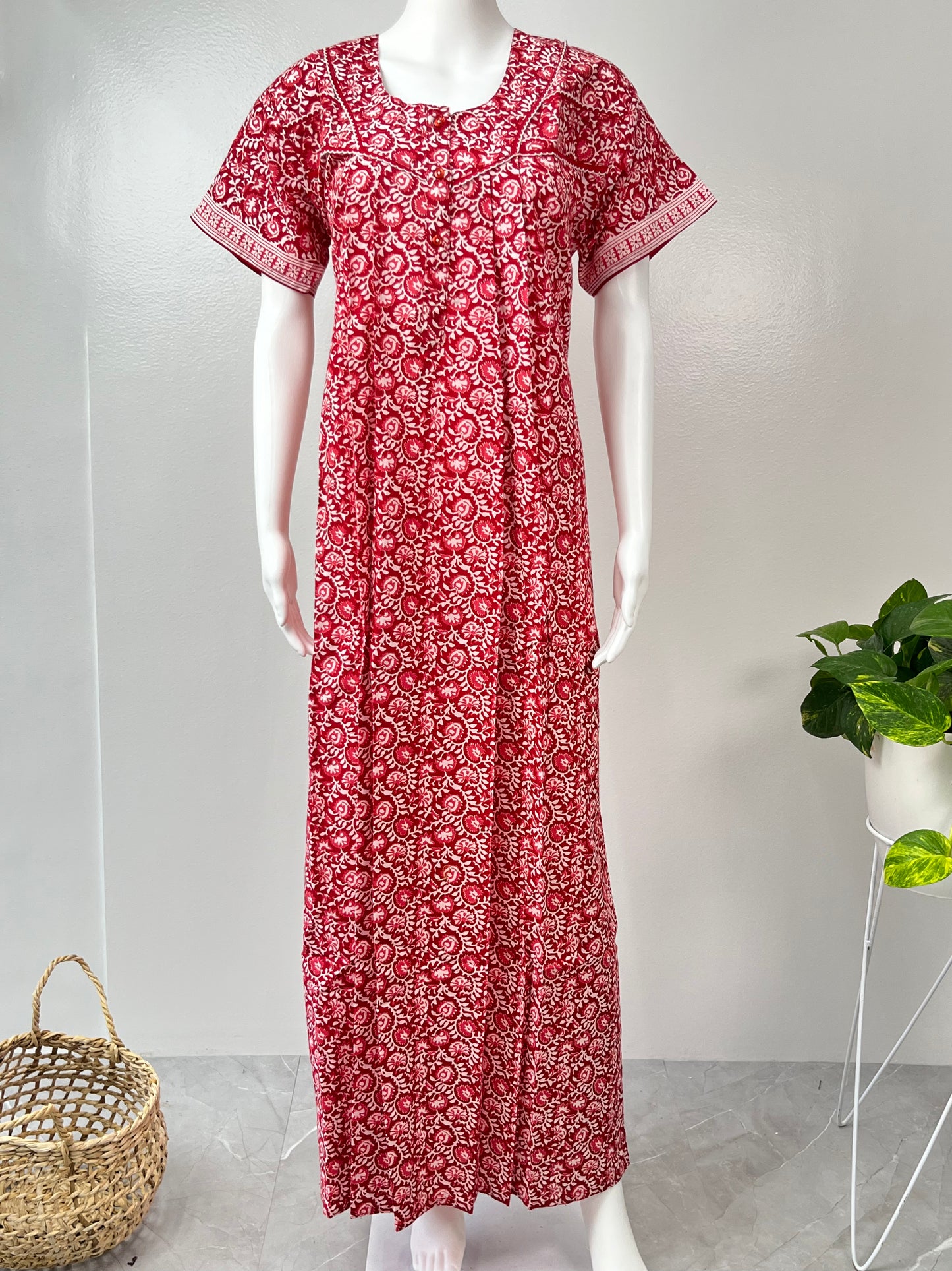 Red Printed Pure Cotton Nightgown for Women