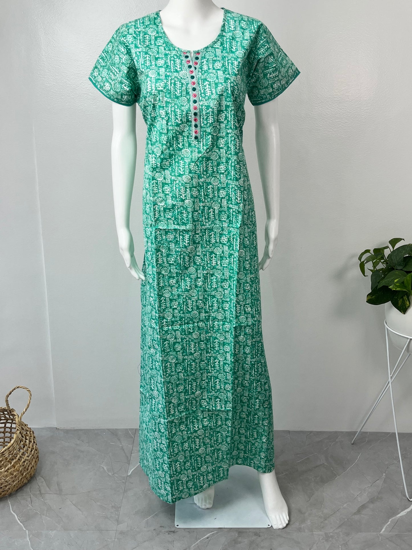 Sea Green Printed Cotton Nighty Soft & Comfortable