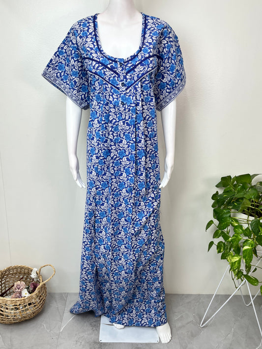 Blue Floral Printed 100% Cotton Nightgown