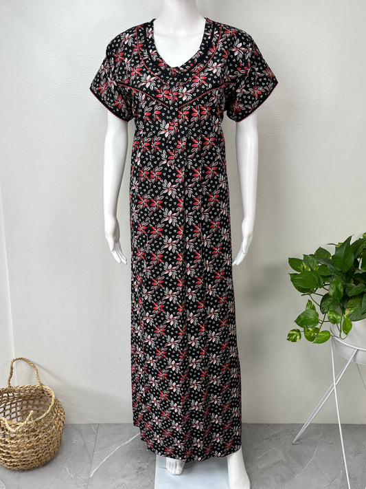 Black Floral Printed 100% Cotton Nightgown