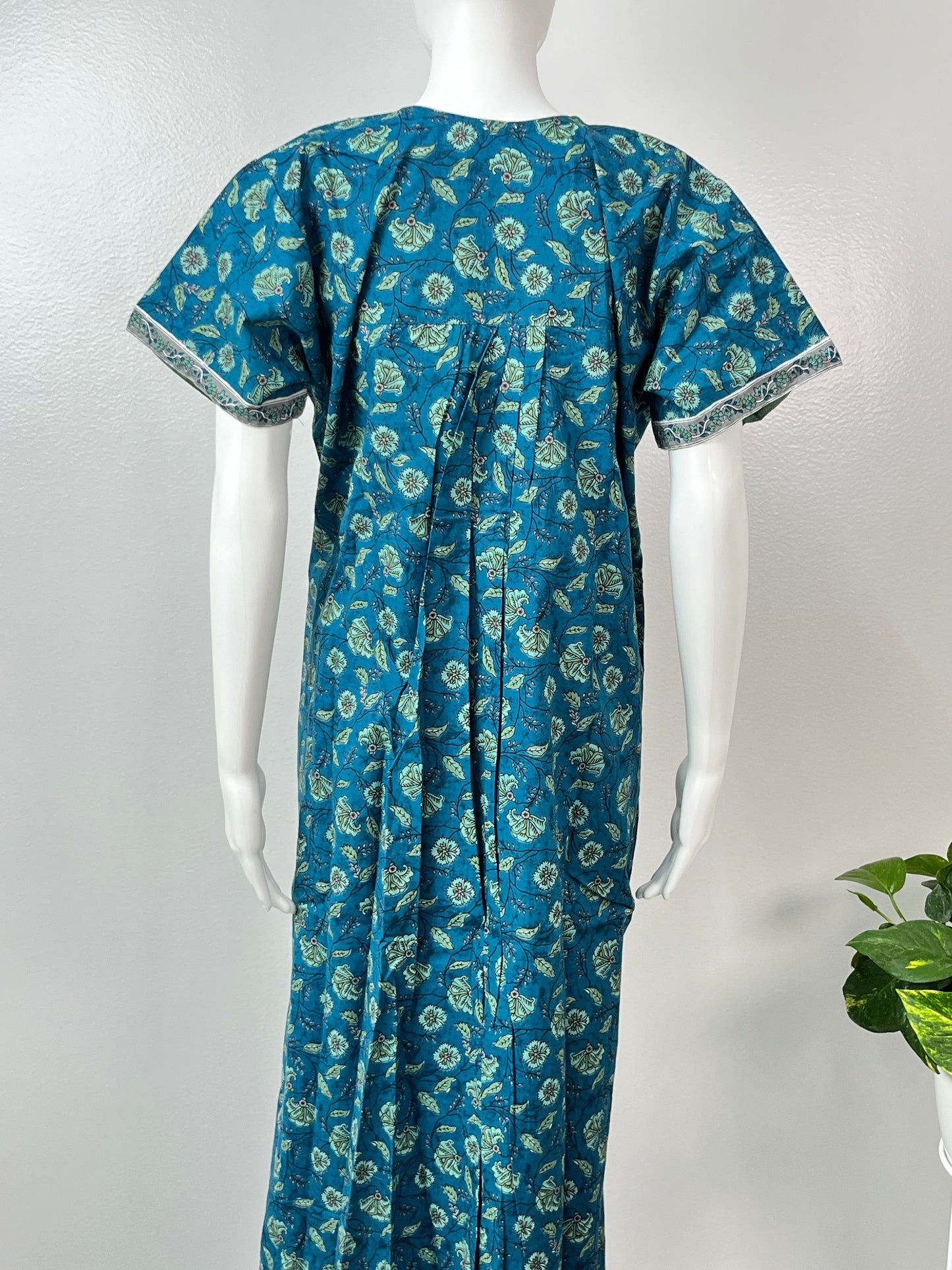 Teal Blue Printed 100% Cotton Nighty for Women