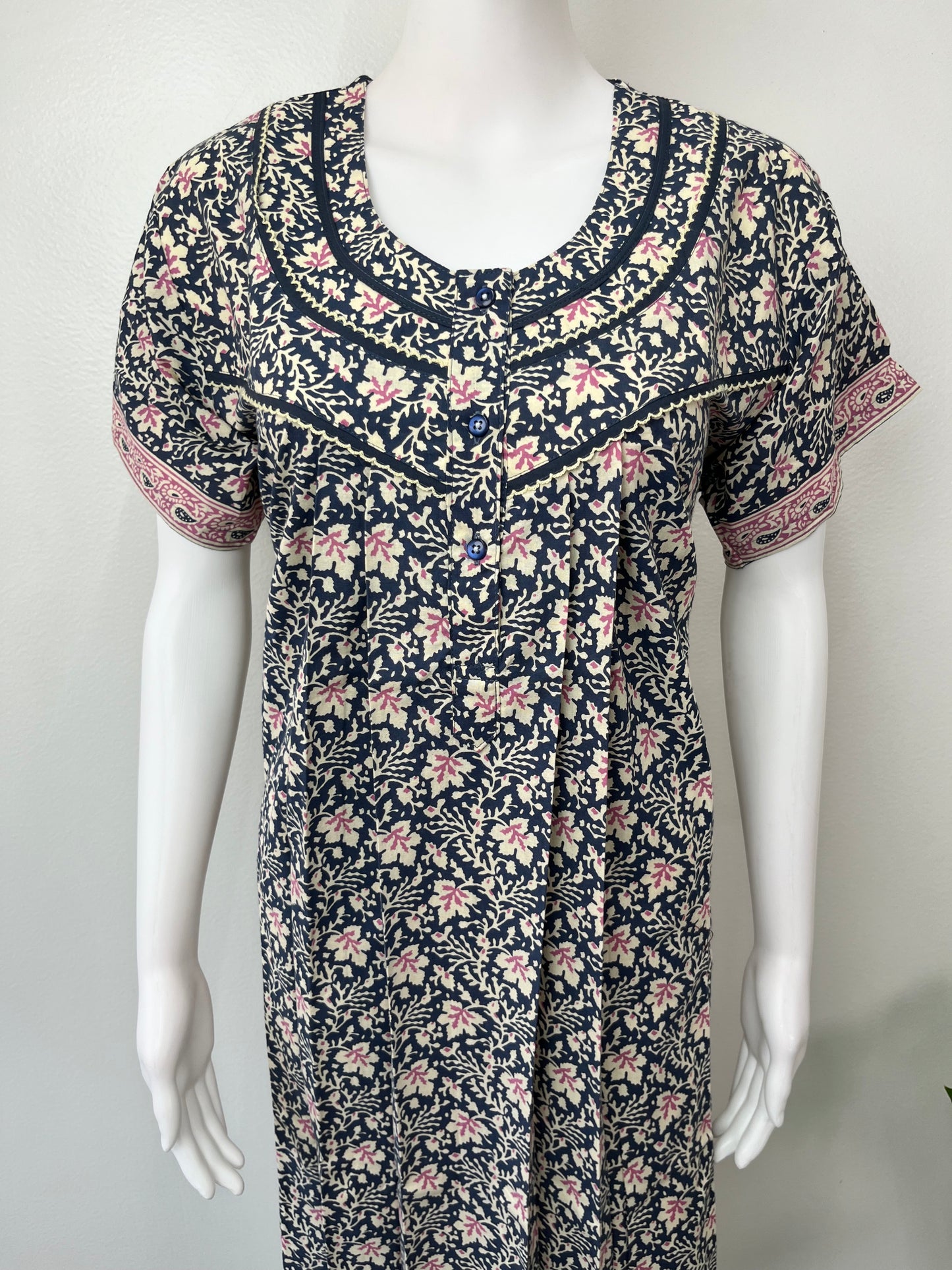 Navy Blue Pleated Pure Cotton Women's Nighty