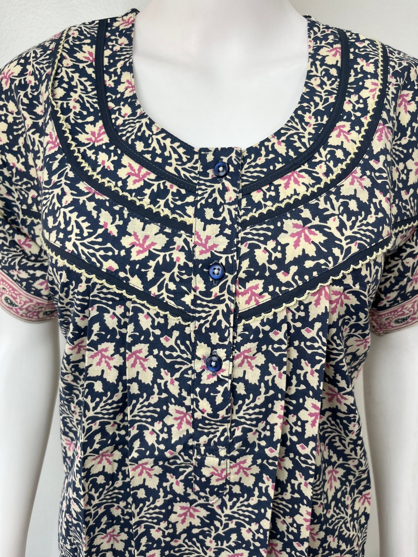 Navy Blue Pleated Pure Cotton Women's Nighty