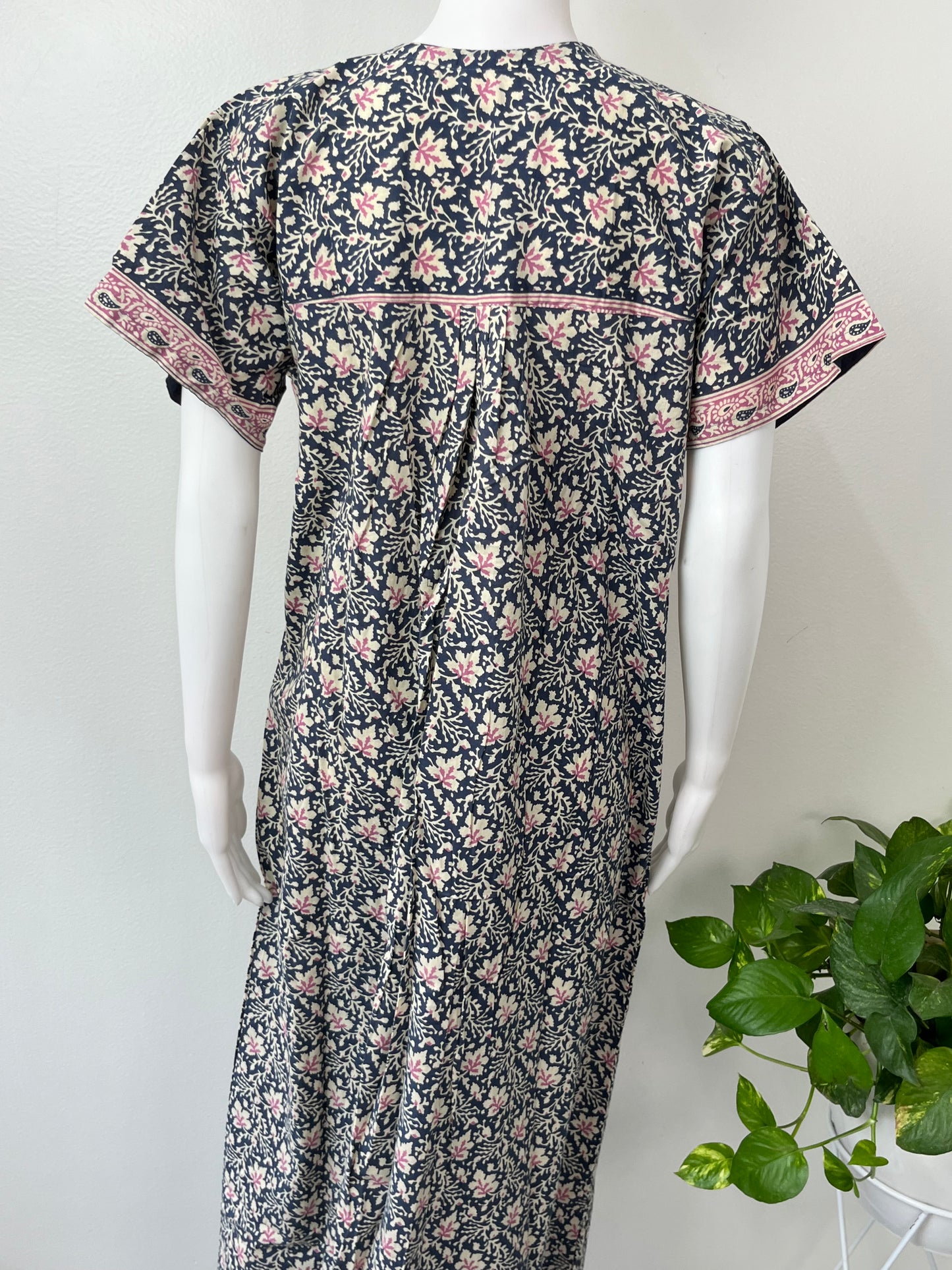 Navy Blue Pleated Pure Cotton Women's Nighty