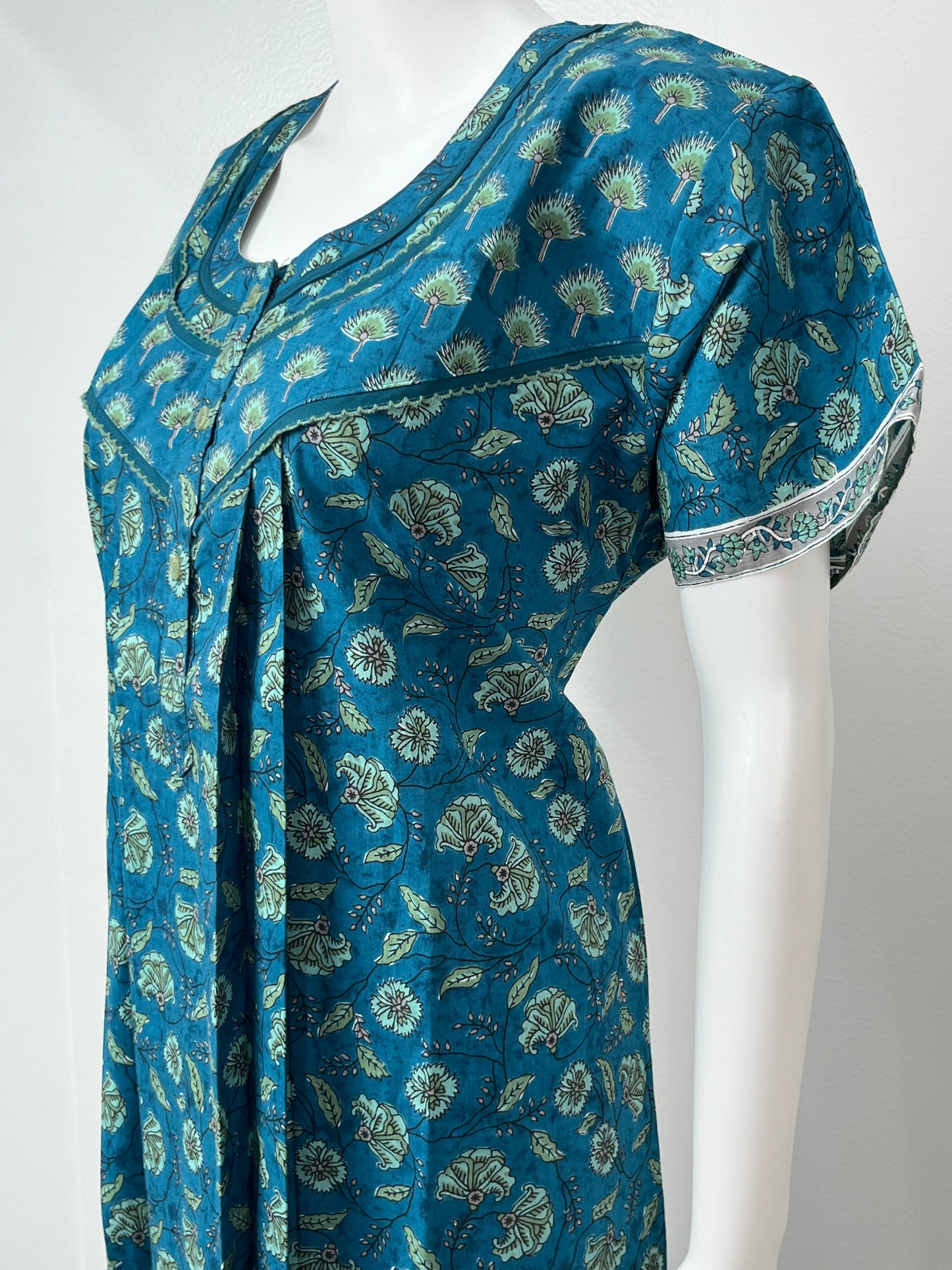 Teal Blue Printed 100% Cotton Nighty for Women