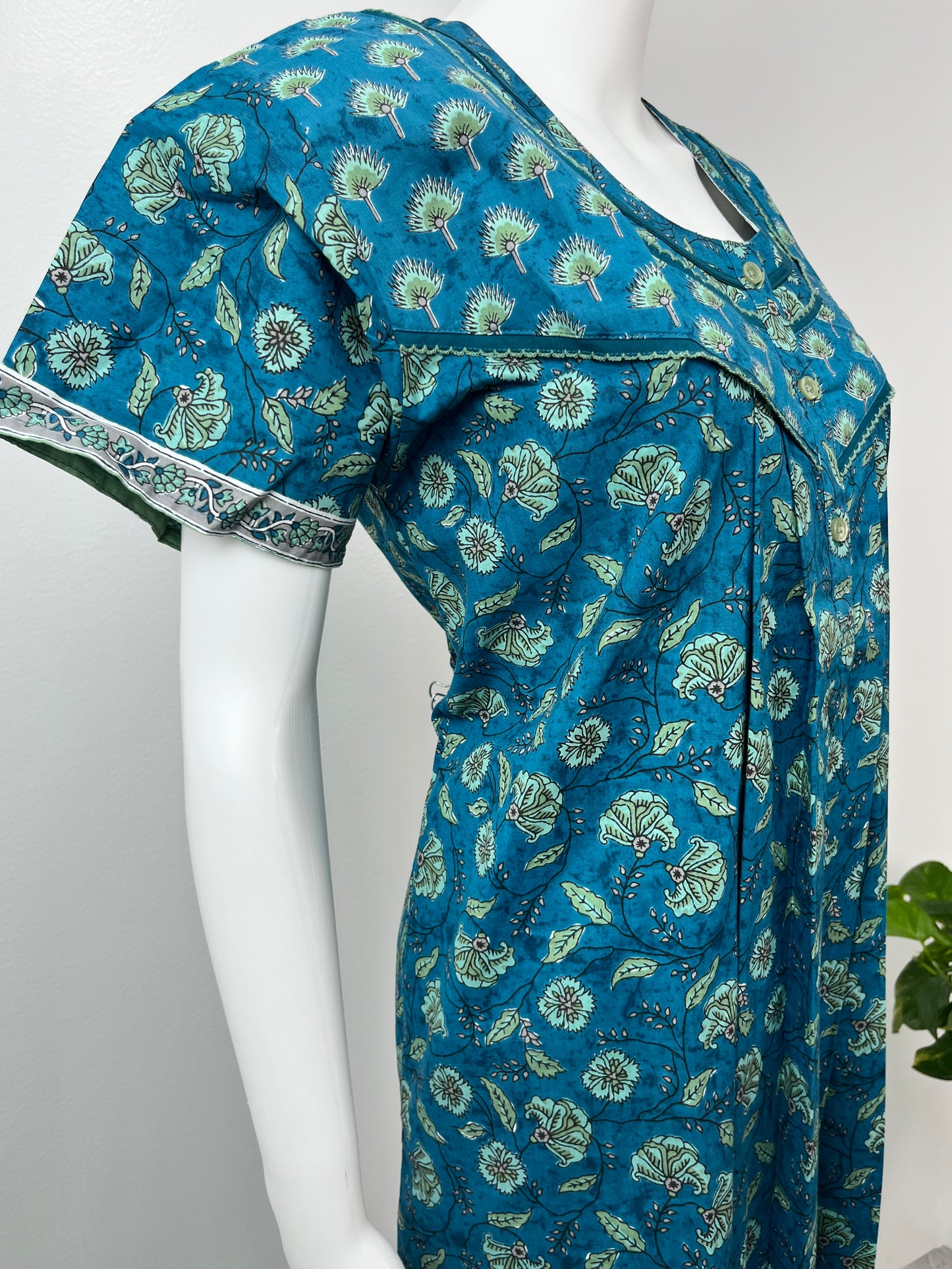Teal Blue Printed 100% Cotton Nighty for Women