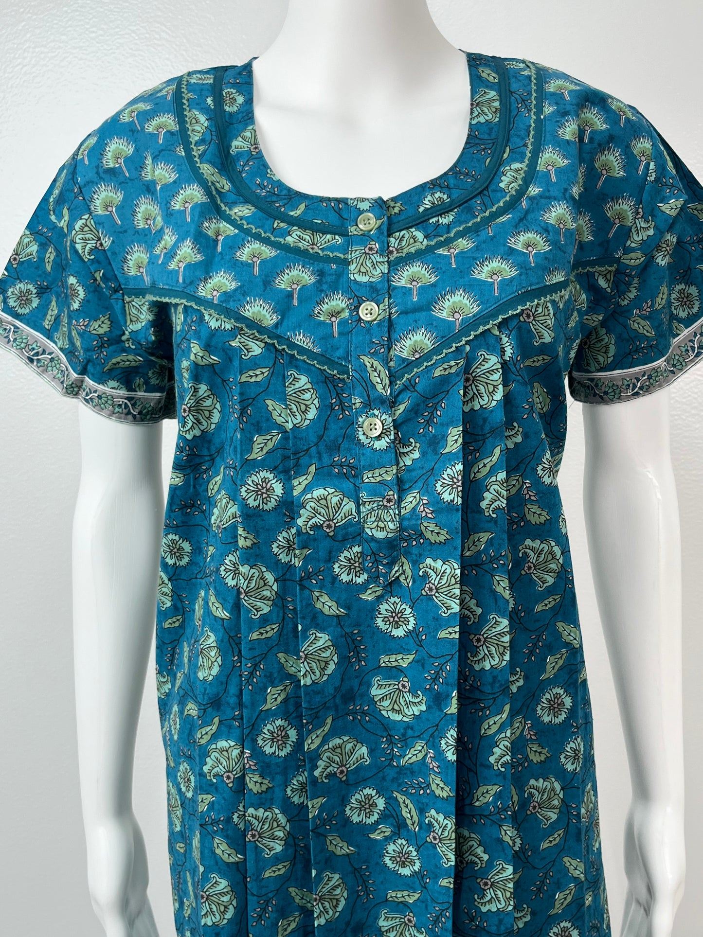 Teal Blue Printed 100% Cotton Nighty for Women