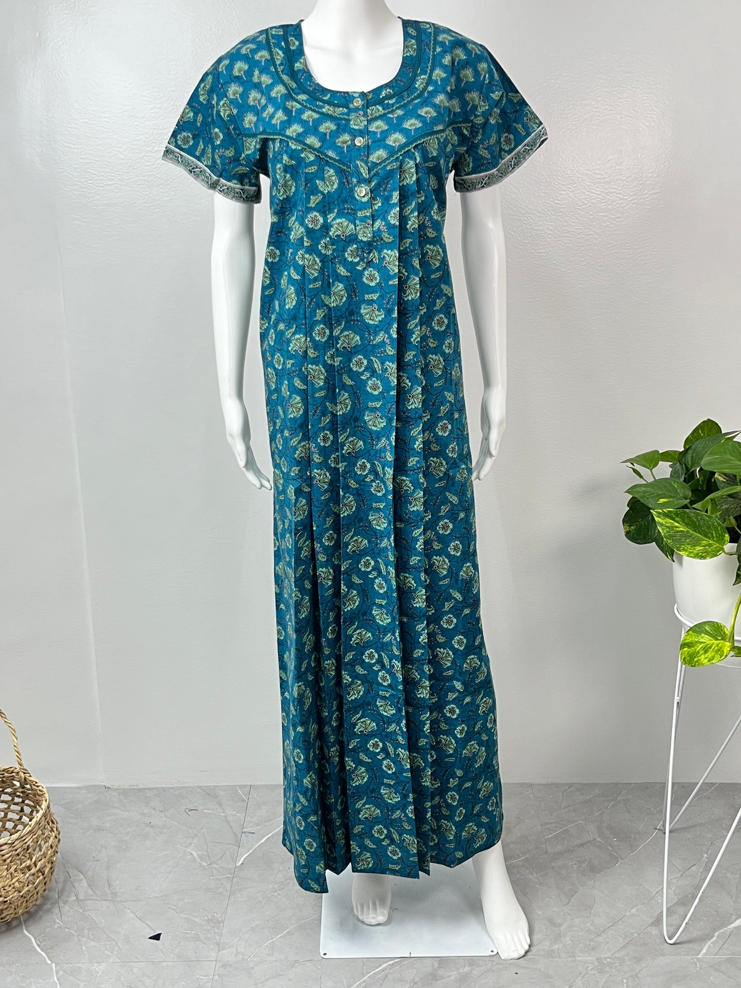 Teal Blue Printed 100% Cotton Nighty for Women
