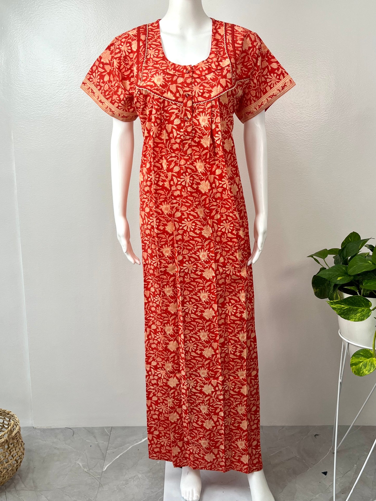 Orange Pleated 100% Pure Cotton Comfortable Nightgown