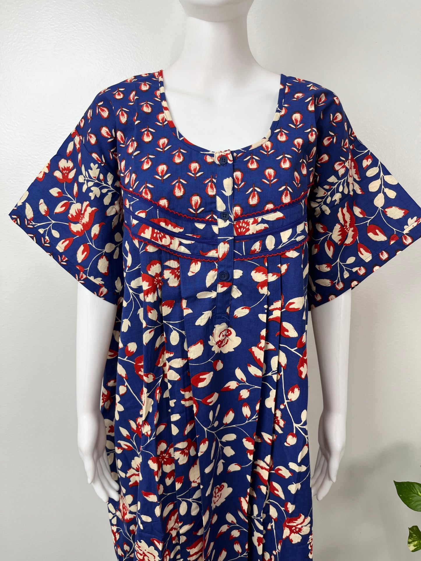 Navy Blue Floral Pure Cotton Women's Nightgown