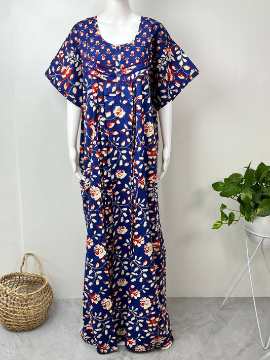 Navy Blue Floral Pure Cotton Women's Nightgown