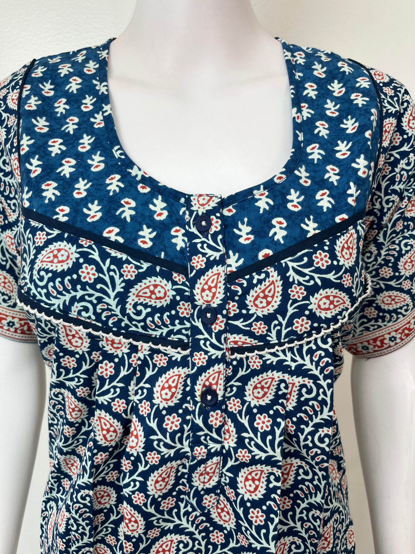 Navy Blue Pleated 100% Cotton Women's Nighty