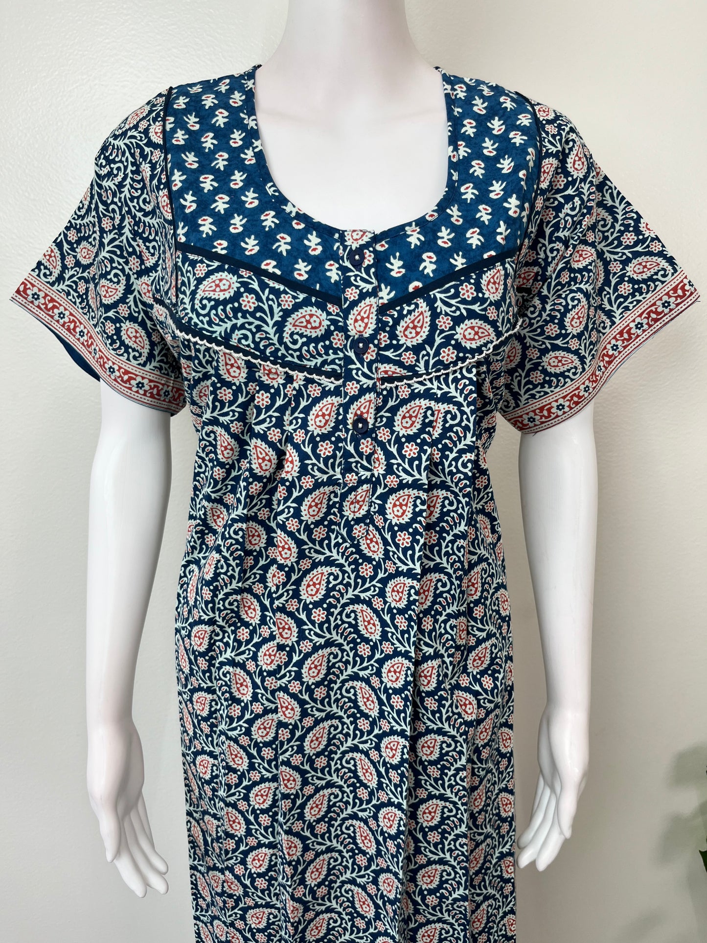 Navy Blue Pleated 100% Cotton Women's Nighty