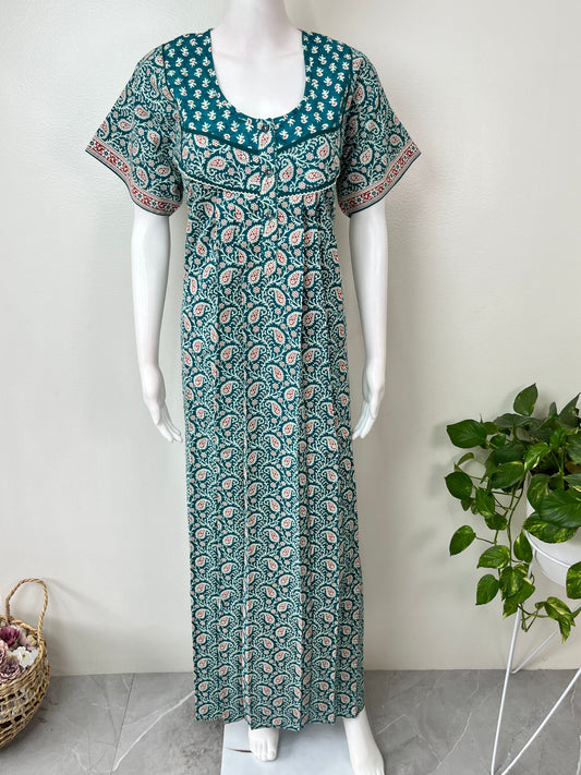 Teal Pure Cotton Nighty with Contrast Print