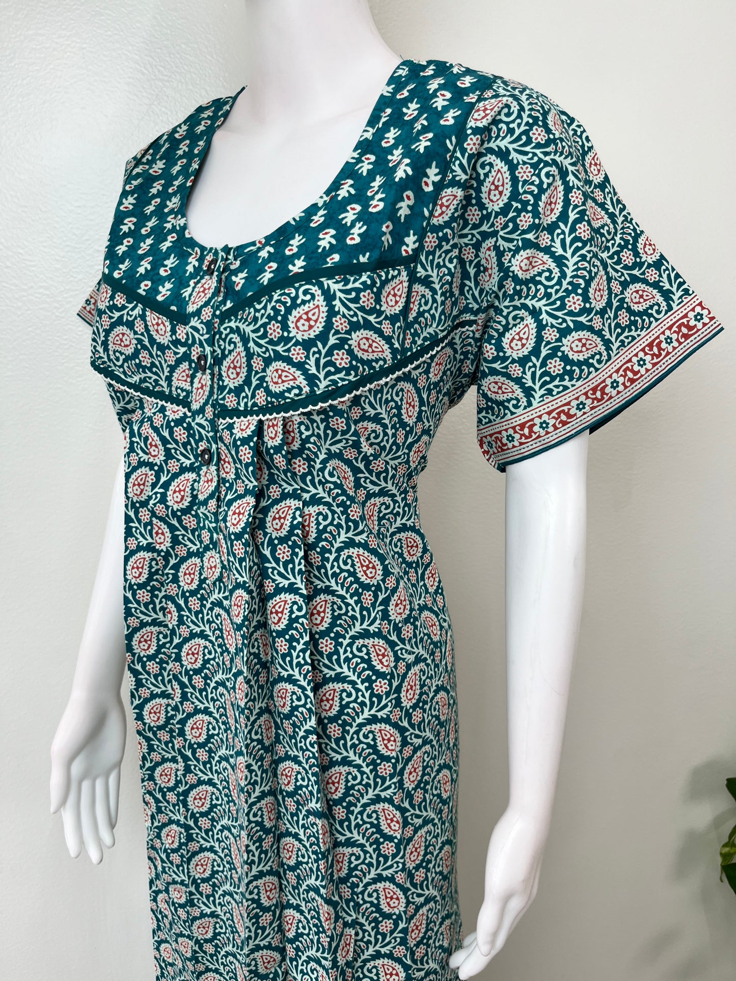 Teal Pure Cotton Nighty with Contrast Print