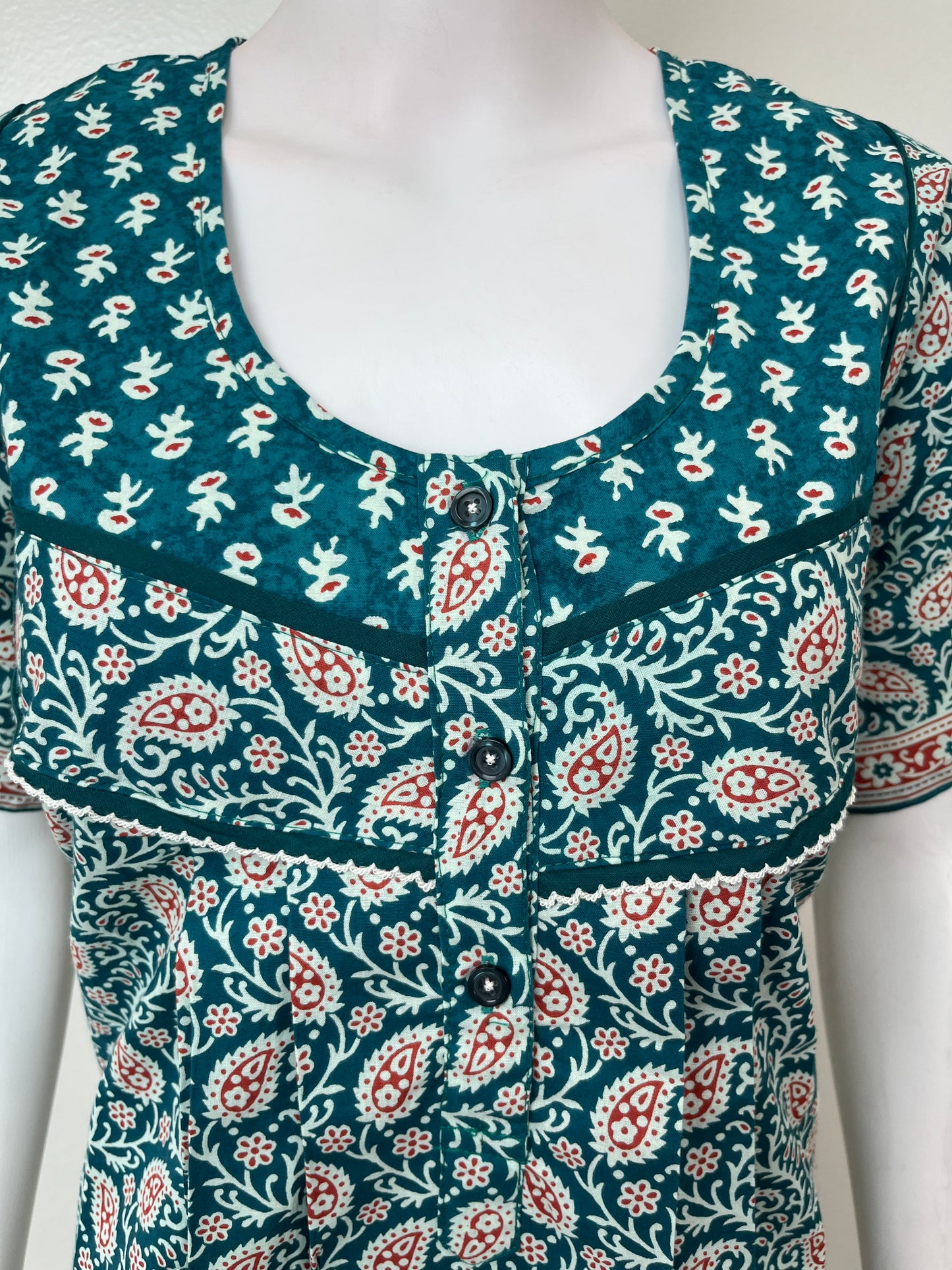 Teal Pure Cotton Nighty with Contrast Print