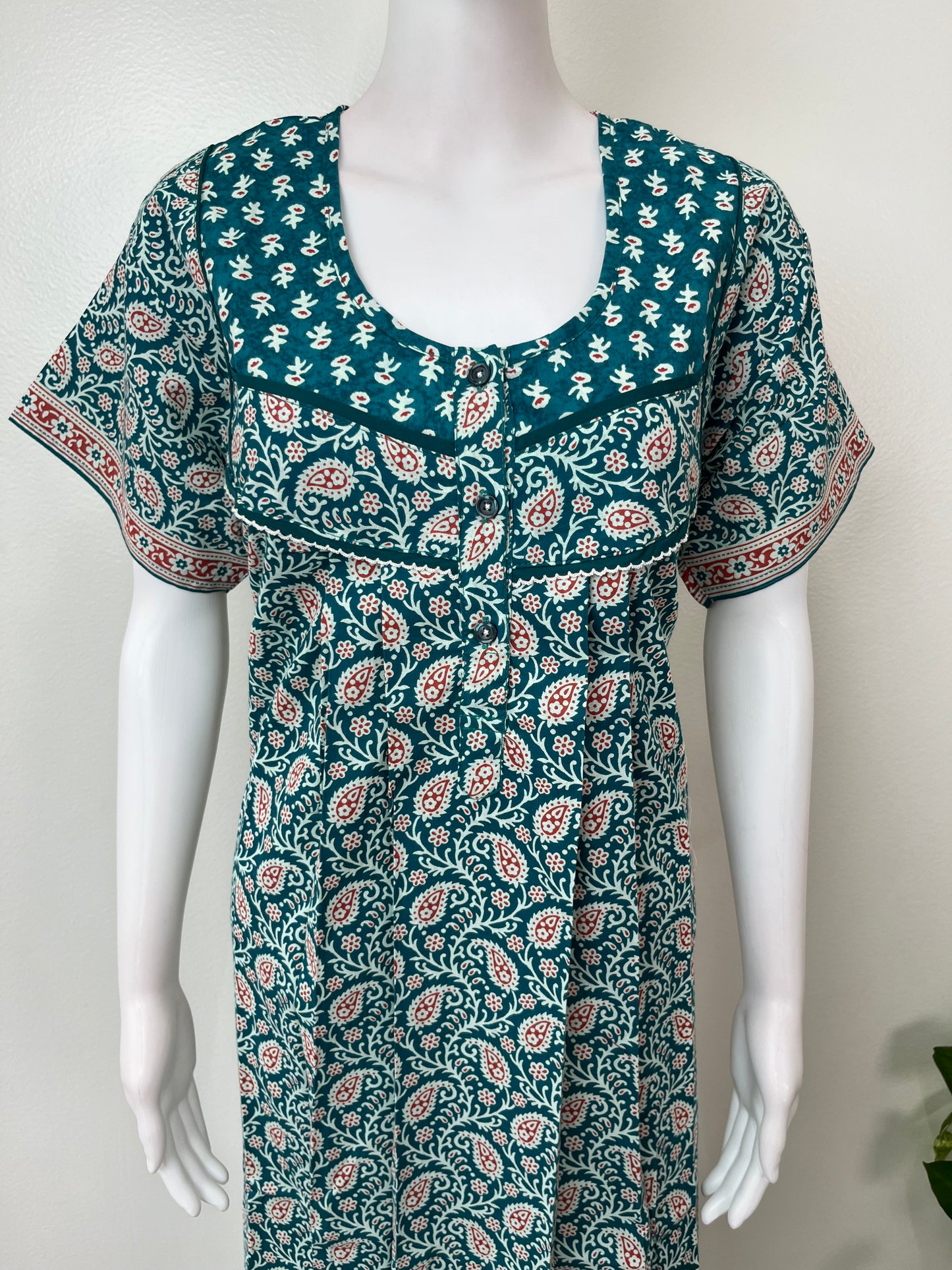 Teal Pure Cotton Nighty with Contrast Print