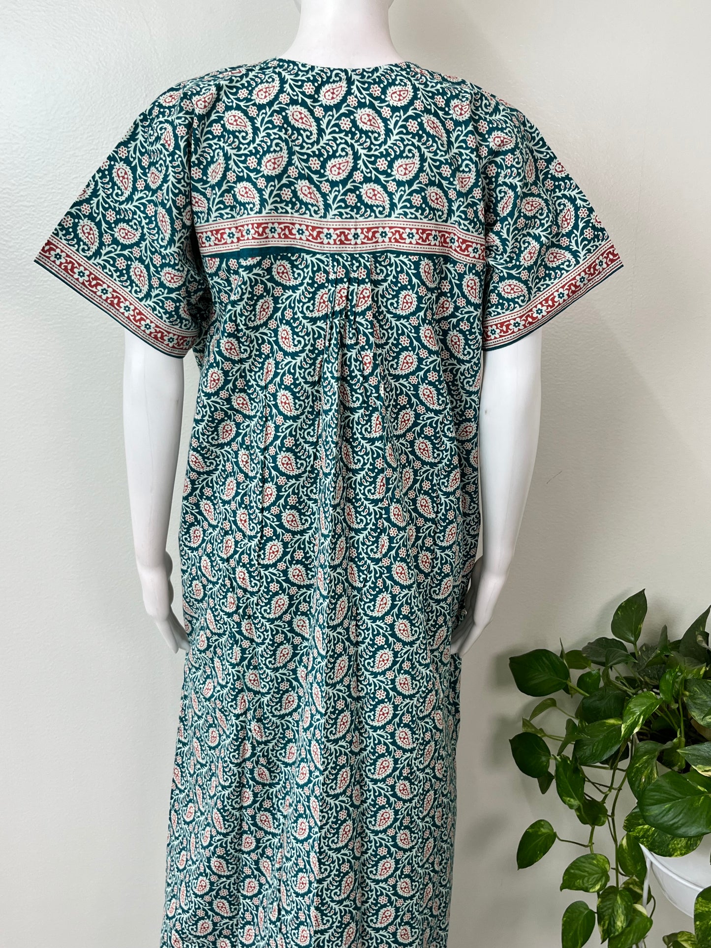 Teal Pure Cotton Nighty with Contrast Print