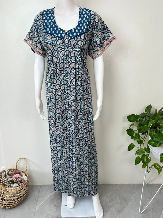 Navy Blue Pleated 100% Cotton Women's Nighty