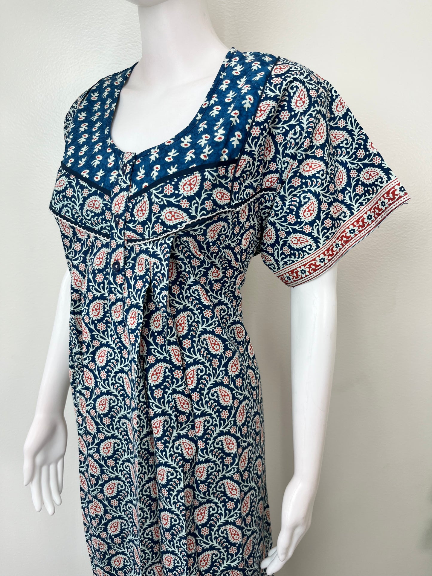 Navy Blue Pleated 100% Cotton Women's Nighty