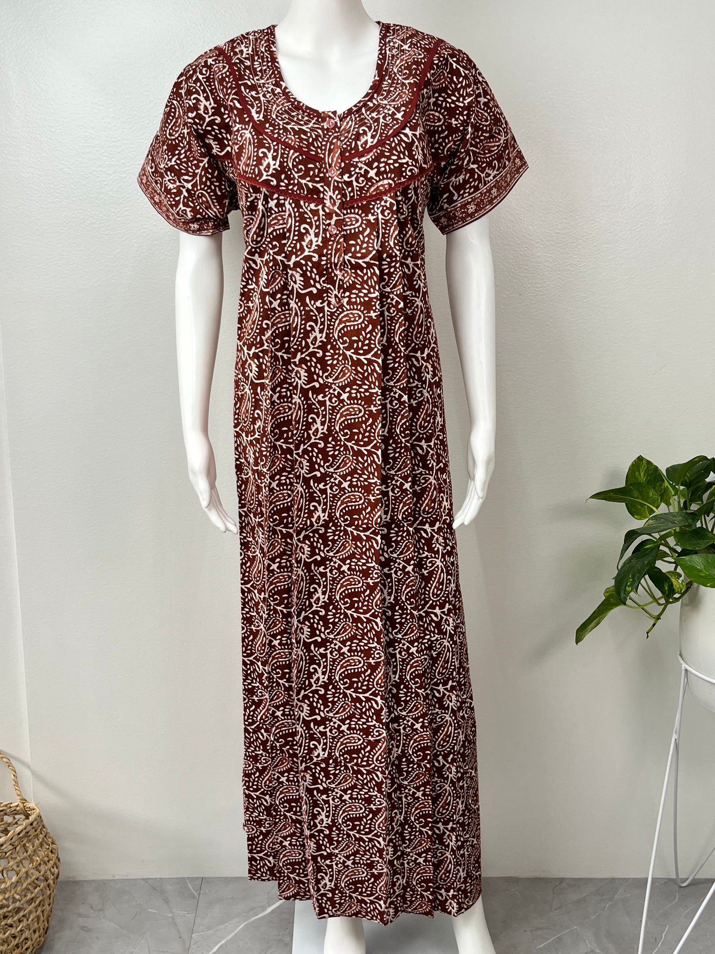 Brown 100% Cotton Pleated Nighty for Women